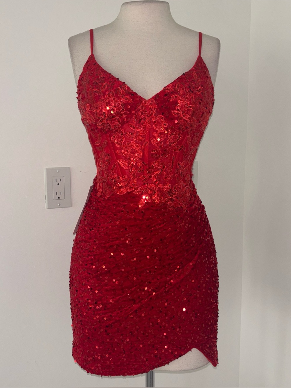 Red Sequin Embellished Spaghetti Strap Dress #233